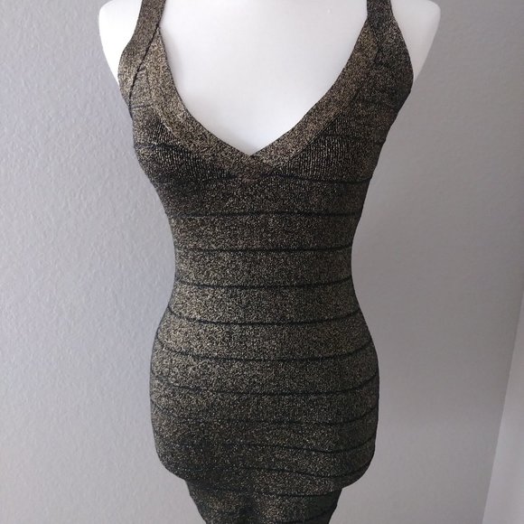 Guess Bodycon V-neck Black Gold Dress LBD Small - Picture 2 of 12